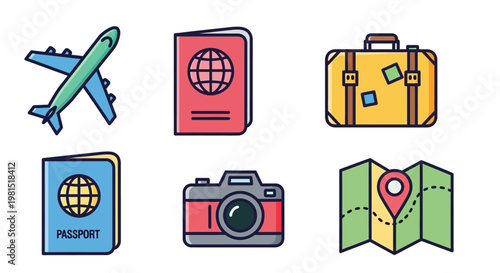 Travel icons with luggage and camera.