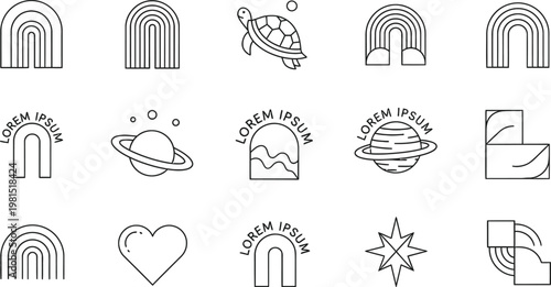 Collection of minimalist line art icons architectural elements celestial bodies and abstract shapes