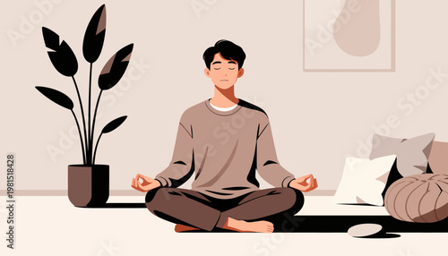 Man sits calmly in quiet home. Fingers rest gently in meditation pose. Plant stands beside him, adding stillness. Simple decor frames peaceful atmosphere. His eyes close softly, mind at ease