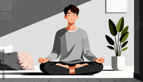 Man meditates calmly in minimalist room. Soft light highlights peaceful stillness. Palm leaves add gentle natural touch. Serene expression conveys inner calm. Perfect for wellness, mindfulness