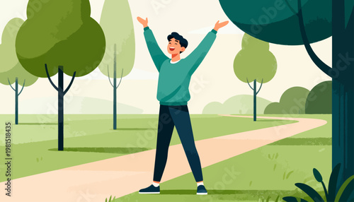 Man smiles, arms raised, on a park path. Trees line the walkway, green and calm. He feels joyful, free, and alive. Ideal for wellness, fitness, or nature themes. Soft colors evoke peace and movement
