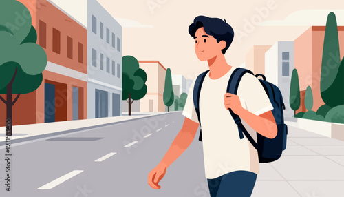 Young man walks down city street. He carries backpack, wears casual attire. Street lined with trees and buildings. Sunlight casts soft glow on pavement. His expression shows calm determination
