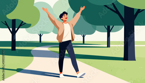 Person joyfully raises arms on a sunlit path. Trees line the walkway, casting soft shadows. Green grass stretches under clear blue skies. Their happy expression radiates freedom and delight