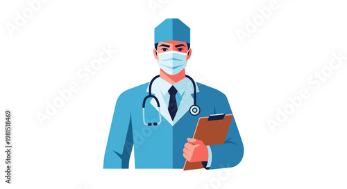 Professional Male Doctor in Medical Uniform with Stethoscope and Clipboard.