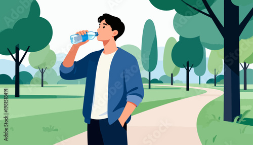 Young man drinks water on a green park path. Trees line the trail with soft, natural tones. He stands relaxed, enjoying nature's calm. Ideal for health, wellness, or outdoor lifestyle themes