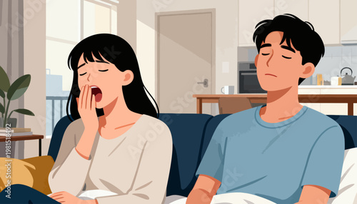 Tired couple rests on sofa in calm, cozy home. Soft lighting highlights quiet, sleepy moment. Woman yawns, hand covering mouth gently. Man sleeps softly beside her, eyes closed