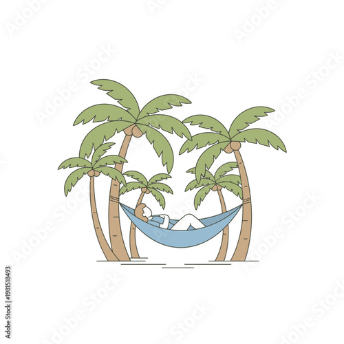 Person relaxing in a hammock between palm trees.