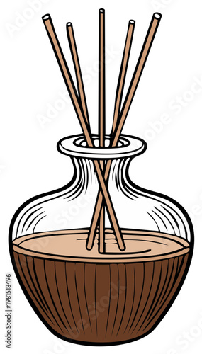 Reed diffuser with brown aromatic oil and wooden sticks illustration.