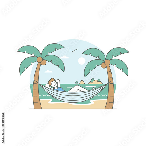 Person relaxing in a hammock between palm trees on a tropical beach.