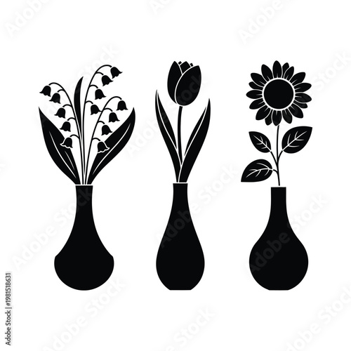 Flower vase icon vector set, black and white blossom symbols in flat simple style for decoration, home interior, floral design, and UI graphics