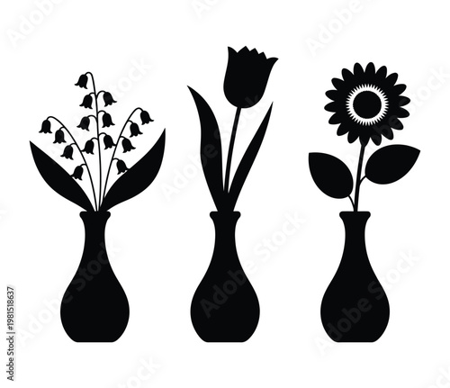 Flower vase icon vector set, black and white blossom symbols in flat simple style for decoration, home interior, floral design, and UI graphics