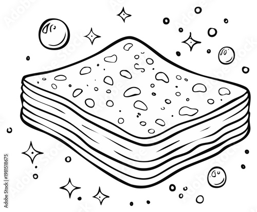 Stack of flatbreads with bubbly surface and sparkling celebratory elements outlined in black and white