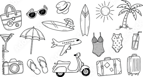 Hand drawn summer vacation icons a collection of travel and leisure elements in sketch style