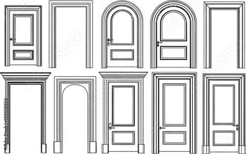 Architectural door and window frames collection a black and white illustration