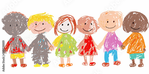 A colorful childlike drawing depicts a group of diverse children