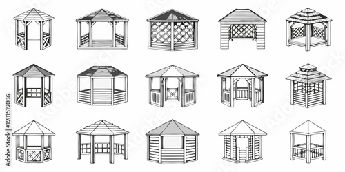 Collection of various architectural gazebo designs in black and white