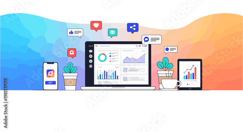Business analytics on laptop and mobile devices in colorful gradient background with icons for corporate finance and marketing