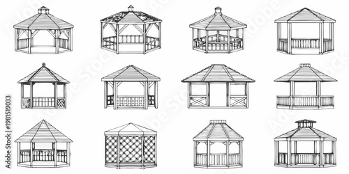 Collection of detailed line art illustrations depicting various gazebo designs