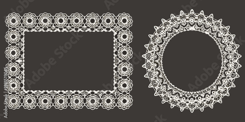 Intricate white lace frames a square and a circular design on black