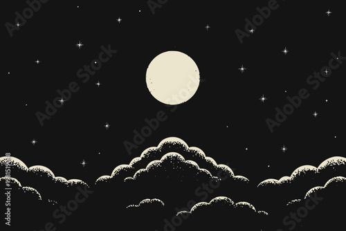 Photos Night scene with a bright moon and fluffy clouds below stars