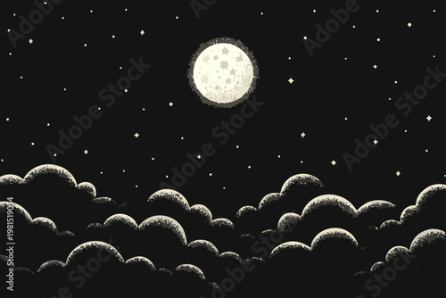 A full moon shines brightly above rolling clouds and scattered stars