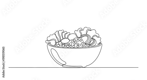Healthy Salad Bowl Continuous Line Drawing - Fresh Ingredients, Vegan Food Art