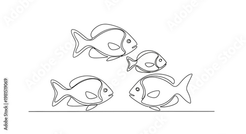 Minimalist line art of four fish swimming in a group, simple and clean design