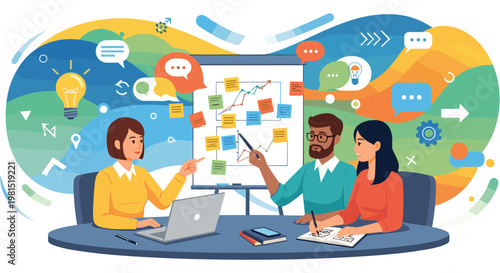 Diverse team brainstorming meeting in colorful vibrant lighting with whiteboard and laptop on blue table for business planning