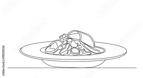 Delicious Pasta Dish with Sauce and Toppings on a Plate, Line Art