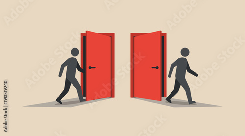 Minimalist Concept Illustration of People Entering and Exiting Red Doors Symbolizing Opportunity and Transition