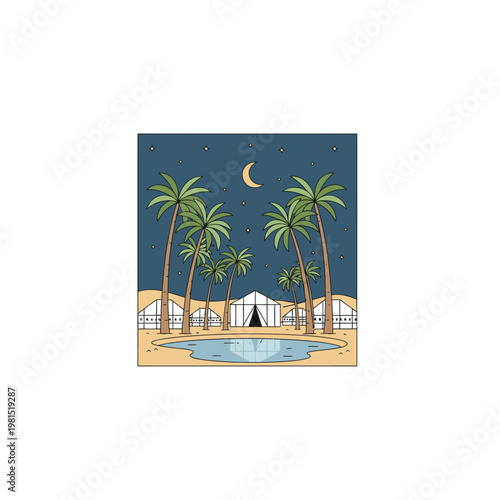 Palm Trees and Poolside Oasis Under a Crescent Moon.