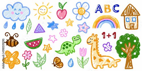 Colorful childlike drawings depict a variety of simple objects and shapes