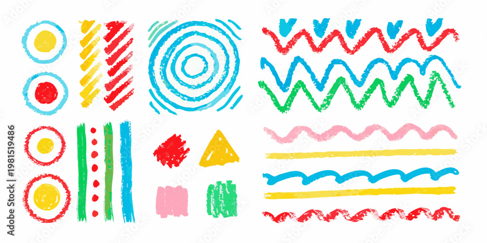 Fototapeta premium Colorful crayon scribbles and doodles arranged in neat rows
