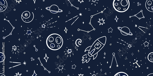 Doodle style pattern featuring planets stars rockets and cosmic elements