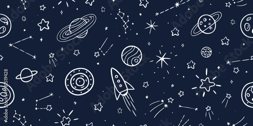 Whimsical hand drawn space pattern with planets stars and a rocket