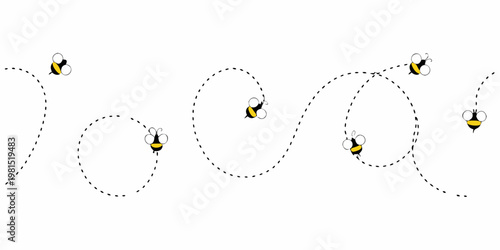 A playful illustration of bees flying along dotted curving flight paths