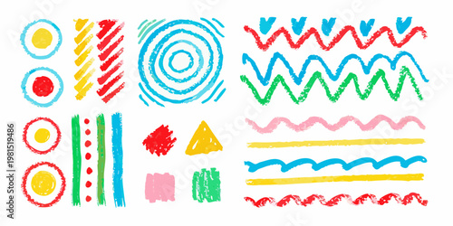 Colorful crayon scribbles and doodles arranged in neat rows
