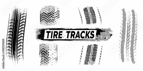 Various tire track patterns and a graphic with the text tire tracks