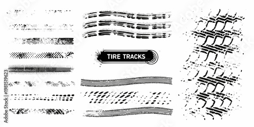 Collection of various black tire track and brush stroke textures