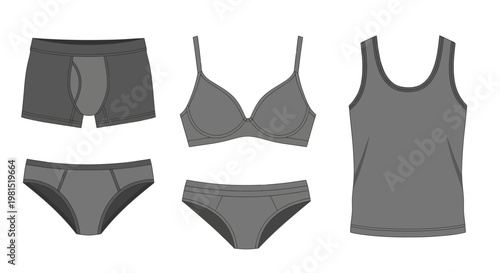 Gray Underwear Set: Boxer Briefs, Briefs, Bra, and Tank Top Collection