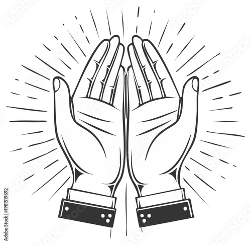 Stylized open cupped hands with radiating light representing generosity blessing or hope