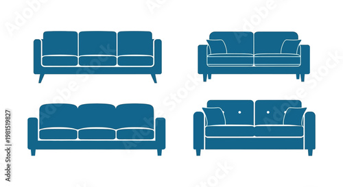 Set of Blue Sofa Icons, Modern Furniture Collection, Vector Illustration