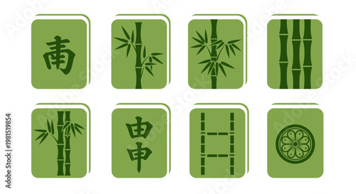 Mahjong Tiles, Bamboo and Chinese Characters on Green Background