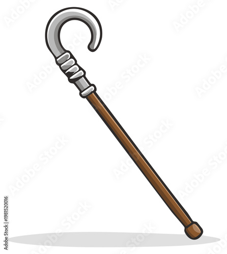 A cartoon style walking stick with a silver handle and brown wooden shaft for mobility support