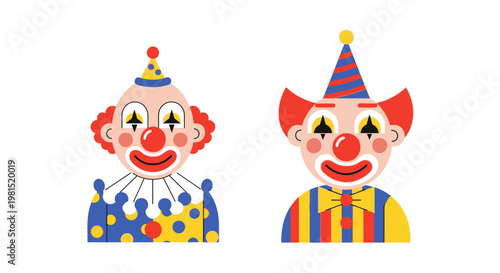 Photos Two Cheerful Clowns with Colorful Costumes and Party Hats, Isolated on White Bac