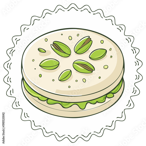 Pistachio sandwich cookie with green cream filling, a hand-drawn sweet dessert illustration.