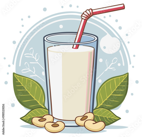 Plant Milk Glass with Straw and Soybeans Illustration Vegan Beverage Cartoon