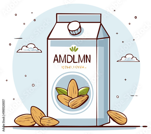 Almond milk carton with fresh almonds healthy vegan plant based beverage outline illustration