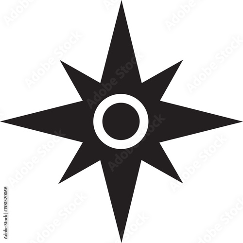 Abstract Geometric Starburst: A minimalist starburst design, defined by its sharp angles and a central circular core, symbolizing direction, guidance, and the pursuit of goals.