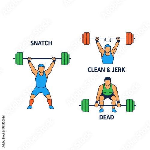 Weightlifting exercises: Snatch, Clean & Jerk, Deadlift illustrations